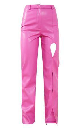 Bright Pink Pu Cut Out Straight Leg Trousers | PrettyLittleThing USA