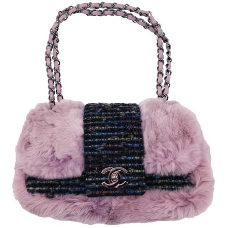 Chanel Tweed Fur Purple Single Flap
