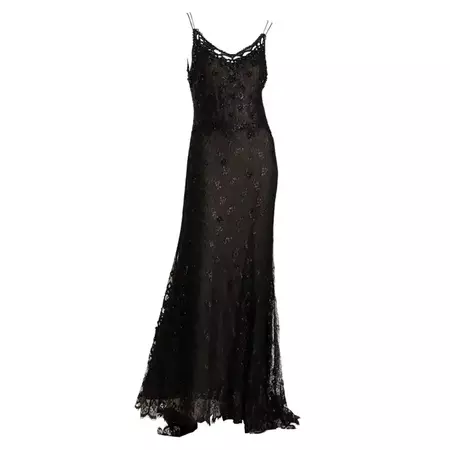 Badgley Mischka Beaded Black Silk Lace Evening Gown Size US 10 For Sale at 1stDibs | badgley mischka evening gown, badgley mischka embroidered mesh dress, badgley mischka black dress