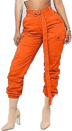 Women's Solid Color Joggers High Waisted Slim Fit Cargo Trousers Pocket Pant with Belt at Amazon Women’s Clothing store