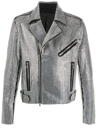 Balmain Crystal-Embellished Biker Jacket TH18648Z189 Silver | Farfetch