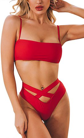 Amazon.com: ioiom Women's Sexy Cutout Bottoms Wrap Bikini Bathing Suits Red S: Clothing