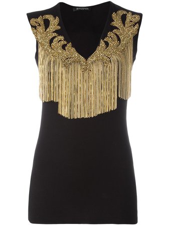pierre balmain dress shirts, Black and gold-tone cotton tasselled neckline blouse from Balmain Women Blouses ,balmain clothing cheap, balmain sale collection