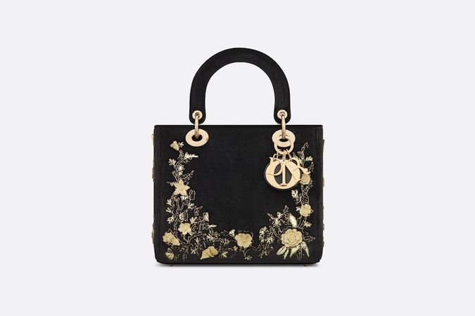 Medium Lady Dior Bag Black Velvet with Dior Jardin Botanique Embroidery in Gold-Tone Metallic Thread | DIOR
