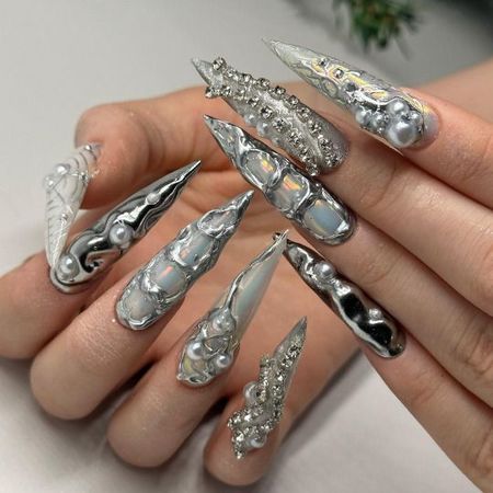 silver stiletto acrylic nails