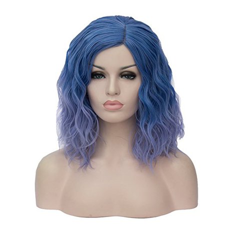 TopWigy Women's Cosplay Wig Medium Length Curly Body Wave Colorful Heat Resistant Hair Wigs Costume Party Bob Wig+Wig Cap (Blue to Gray)