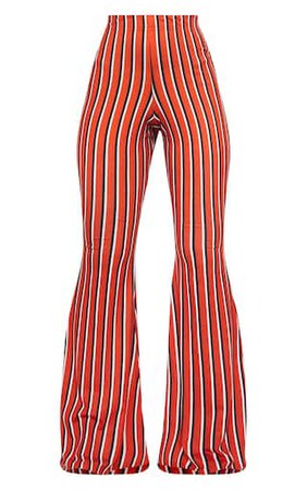 Red Jersey Vertical Stripe Flared Trousers | PrettyLittleThing