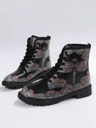 EMERY ROSE Dragonfly Pattern Lace-up Front Combat Boots | SHEIN USA