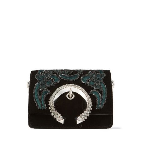 Black Velvet Shoulder Bag with Floral Bead Embroidery and Crystal Buckle |MADELINE SHOULDER/S| Autumn Winter 19| JIMMY CHOO