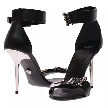 VERSACE black leather sandals with metallic stiletto heel Sz 41 For Sale at 1stDibs