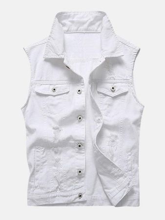 Casual Holes Pocket White Denim Vests - White / XL