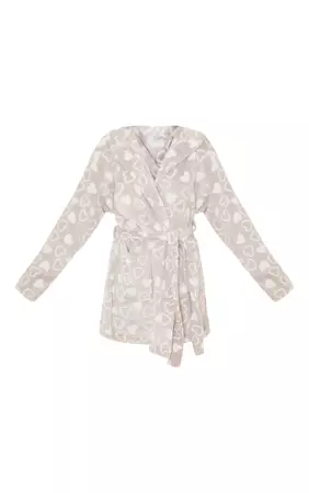 Grey Heart Print Fleece Bath Robe | PrettyLittleThing