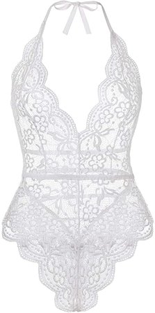 Kitty-Kitty High Cut Halter Deep V Neck Bridal Lingerie Floral Lace Bodysuit Plunge Teddy See Through Sexy Babydoll White Medium at Amazon Women’s Clothing store