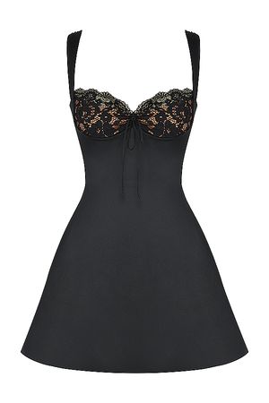 Clothing : Mini Dresses : 'Adriana' Black Satin And Lace Mini Dress