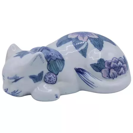 Mid 20th Century Chinoiserie Blue and White Ceramic Cat - Ruby Lane