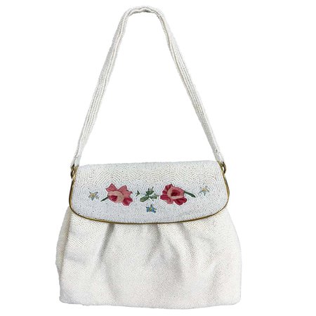 Vintage Josef Pearl with Embroidery Evening Bag Gold Metal Frame 1950s For Sale at 1stDibs