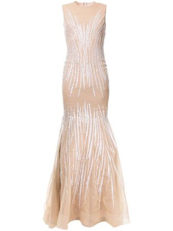 Jean Fares Couture Sunray Beaded Mermaid Gown CAPW4516 Neutral | Farfetch