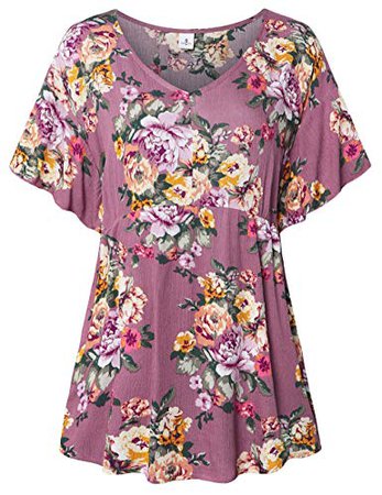 FANSIC Women Floral Print Tops, Casual Short Sleeve Empire Waist Babydoll V Neck Tunic Blouses at Amazon Women’s Clothing store: