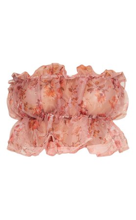 Petite Pink Floral Organza Ruched Bandeau Top