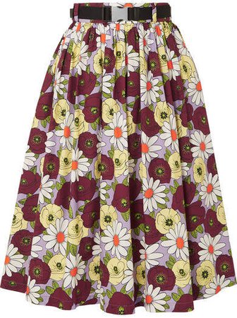 Belted Floral-print Cotton-poplin Skirt - Purple