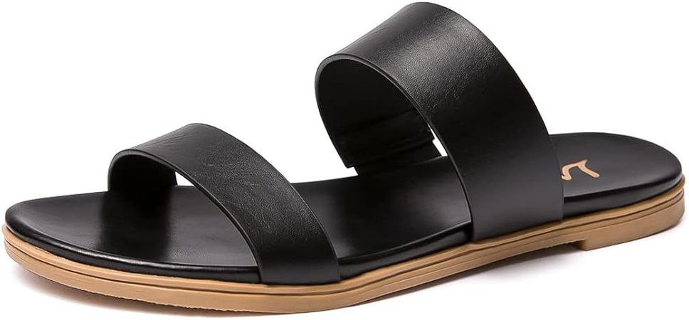 Amazon.com | LM Women's Slide Sandals Two Band Slip On Flat Sandals Casual Summer Sandals (6, Black) | Flats