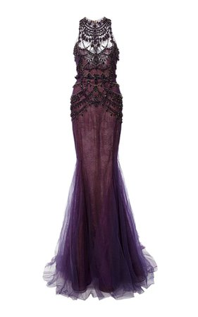 Dark Purple & Black Lace Evening Gown