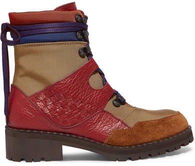 Intrecciato Color-block Canvas, Textured-leather And Suede Ankle Boots