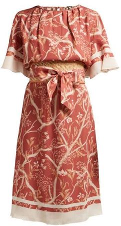Rhapsody Floral Print Silk Crepe De Chine Dress - Womens - Orange Multi