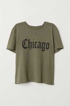 T-shirt with Printed Motif - Khaki green/Chicago - Ladies | H&M US
