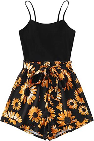 Amazon.com: MakeMeChic Women's Sunflower Print Self Tie Belted High Waist Cami Romper B Multi M : Clothing, Shoes & Jewelry