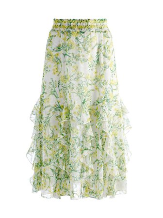 Jocelyn Ruffle Godet Midi Skirt In Sun Ditsy Off White | Alice And Olivia