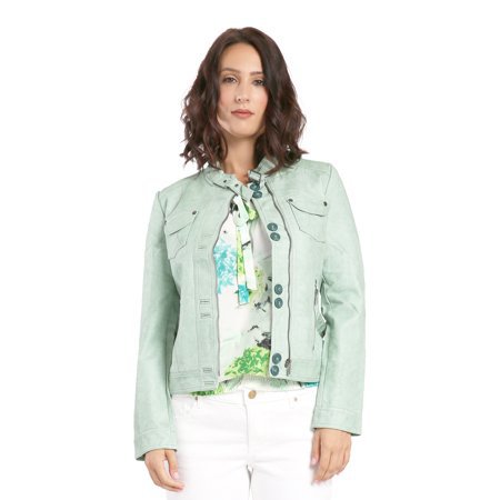 Miss Halladay - Miss Halladay Womens Washed Green Vegan Leather Moto Jacket Belted Mandarin Collar - Walmart.com