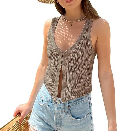 Womens Knitted Crochet Tops Casual V Neck Sleevelss Boho Crochet Top Tank Vest E Girls Streetwear Cropped Camisole at Amazon Women’s Clothing store
