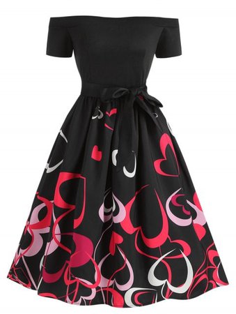 [50% OFF] 2019 Tie Heart Print Short Sleeve Vintage Dress In BLACK | DressLily
