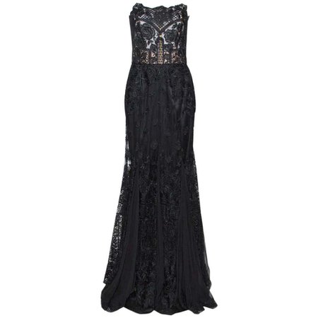 Dolce and Gabbana Black Floral Lace Bustier Detail Strapless Gown M For Sale at 1stDibs