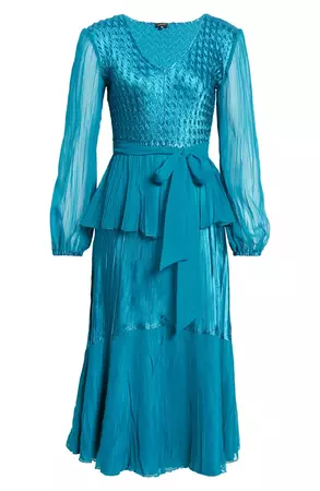 Komarov Long Sleeve Charmeuse & Chiffon A-Line Dress | Nordstrom