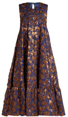 Gerbera Floral Brocade Midi Dress - Womens - Blue Multi