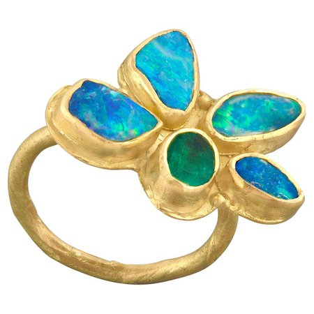 Opal Emerald Flower Gold Ring For Sale at 1stdibs