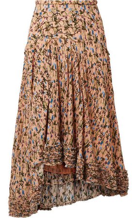 Asymmetric Pintucked Floral-print Georgette Skirt - Blush
