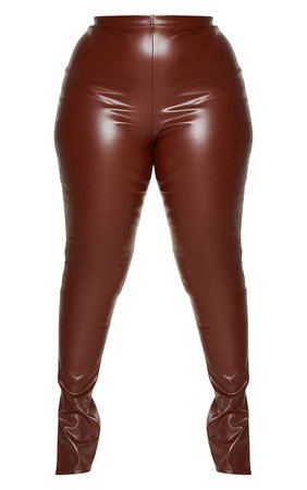 Plus Chocolate Brown Pu Split Hem Trousers | PrettyLittleThing USA