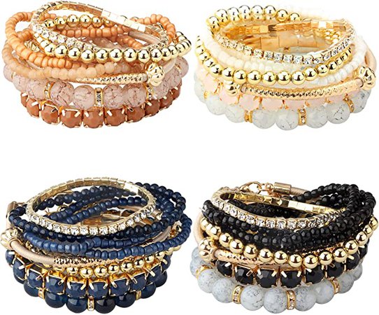 Milacolato 2-4 Sets Stackable Bracelets for Women Multilayer Beaded Bracelets Stretch Bangles Bohemian Style (4 set bracelets): Clothing