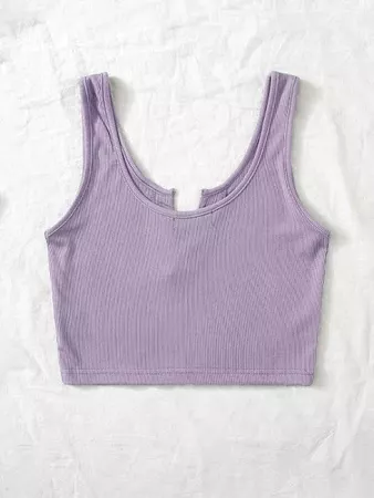Notch Neck Rib-Knit Tank Top, L Lilac Purple Polyester Polyester Spandex Crop Plain Notched Tank Casual Rib-Knit | Google Shopping
