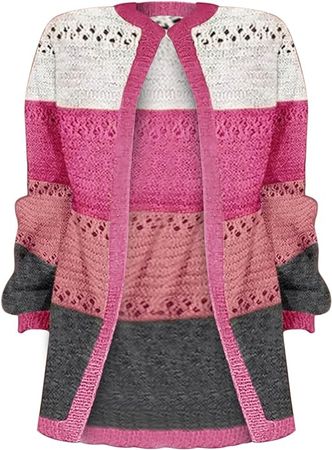 IHGFTRTH Cardigan Sweaters for Women Color Blocked Hollow Cardigan Women's Striped Long Sleeved Cardigan Sweater at Amazon Women’s Clothing store