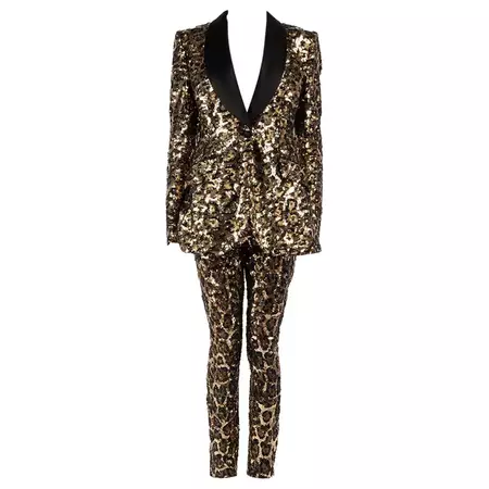 Dolce and Gabbana Gold Sequin Leopard Trouser Suit Size M For Sale at 1stDibs
