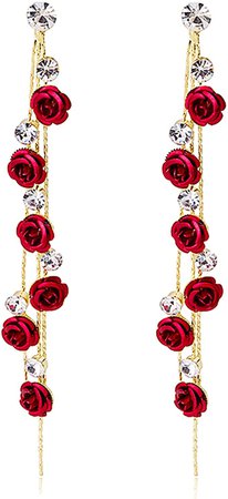 Amazon.com: SLSF Elegant Chic Long Shine Tassel Chain Red Purple Rose Flower Dangle Drop Stud Earrings with White Sparkly Crystal for Women Girls Statement Jewelry Gifts (Red): Clothing, Shoes & Jewelry