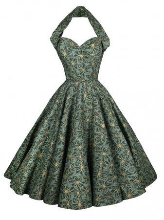 1950s Halterneck Dress Poinsettia Green Gold from Vivien of Holloway