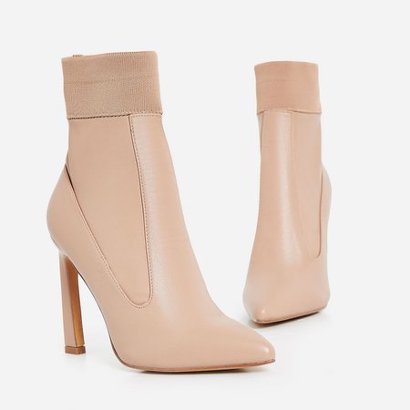 Elaina Flared Stiletto Heel Ankle Sock Boot In Nude Faux Leather | EGO