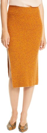 Side Slit Rib Knit Merino Wool Skirt