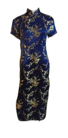 Vintage 1990s Cheongsam Asian Wiggle Dress Sapphire Blue and Gold Medium