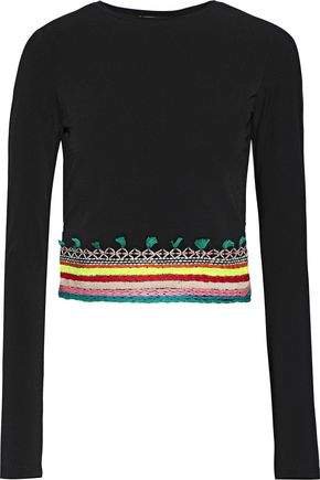 Delania Cropped Cutout Embroidered Crepe Top
